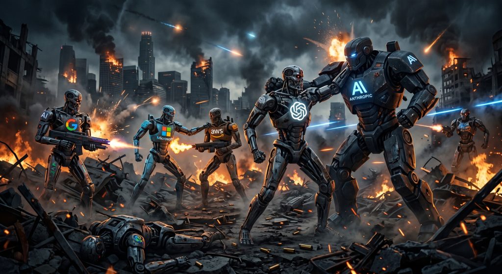 A futuristic scene depicting various robots, each branded with tech company logos, engaged in battle amidst a ruined urban landscape. Explosions and flames illuminate the background.